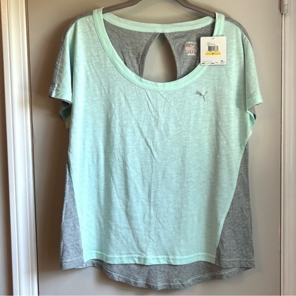New Puma Off the Shoulder Sea Green Athletic Tee Keyhole on back Sz M